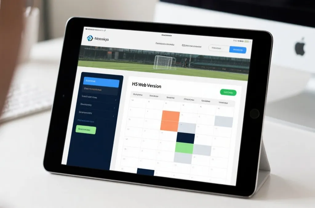An open tablet on a clean workspace table showing a modern, responsive sports schedule webpage, highlighting the convenience of H5 web version.
